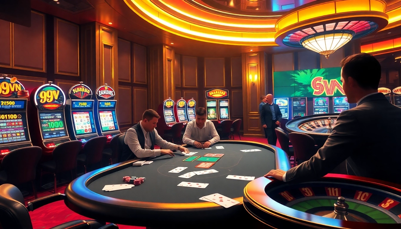 Engaging scene showcasing 69VN with vibrant slot machines and excited gamblers at a poker table.