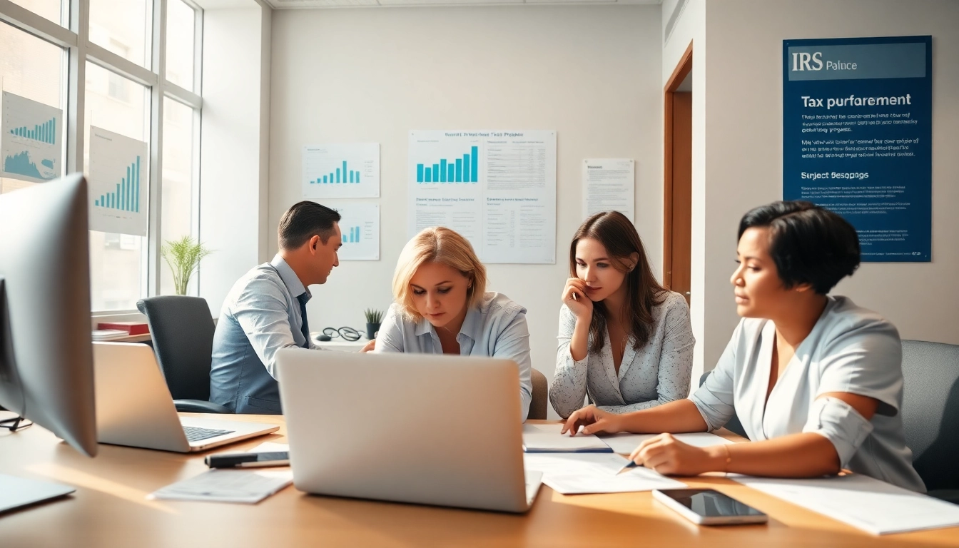 Tax preparers assisting clients in a professional office environment, showcasing expert service and reliable support.