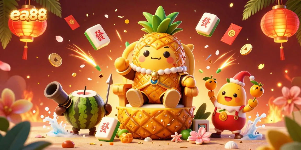 Engage with ea88's vibrant beach casino scene featuring a golden pineapple king and lively gaming elements.