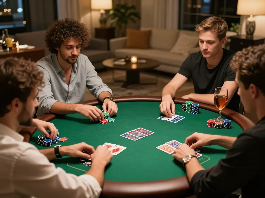 Friends enjoy a thrilling poker night at home with f168 gaming atmosphere, showcasing cozy competition.