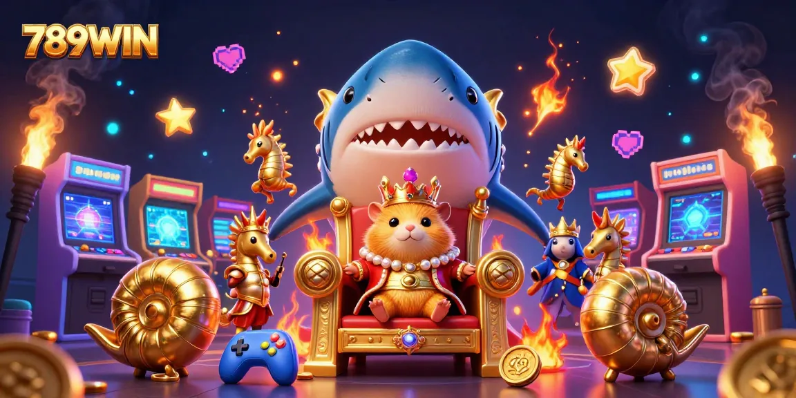 Immerse in 789WIN's gaming thrill with a whimsical illustration featuring a golden hamster king and vibrant arcade elements.