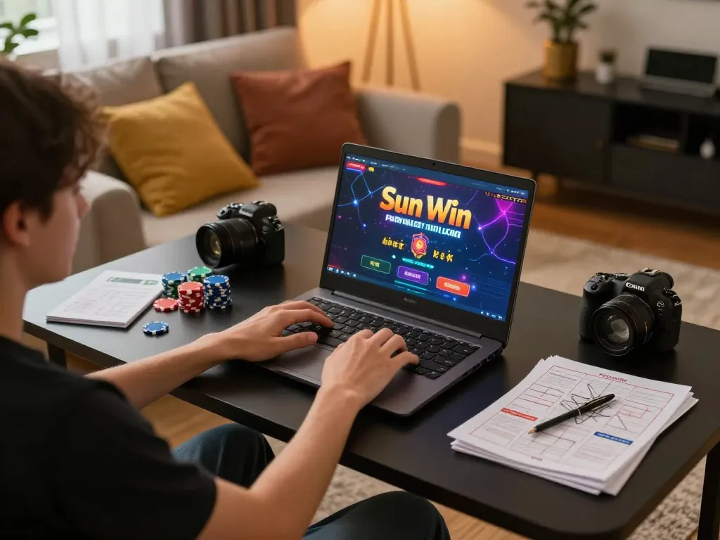 Engaged user playing Sun Win casino games on a laptop, focused on online gambling strategy.