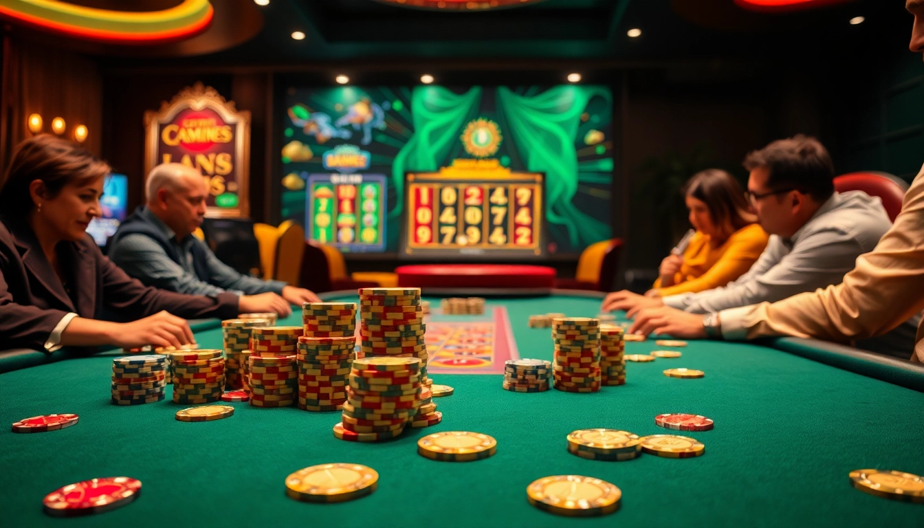 Players engage at a luxurious poker table in a vibrant setting, highlighting features of https://bem88.com.