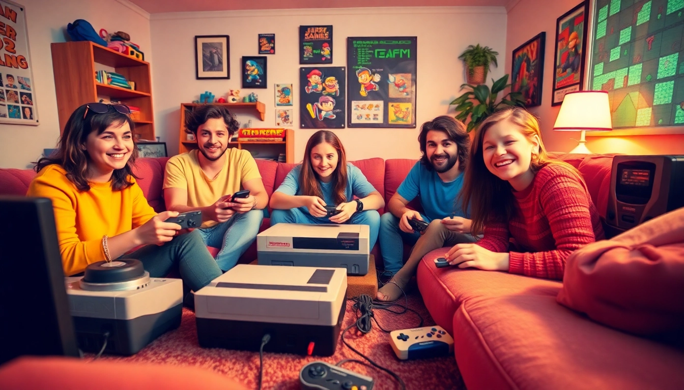 Friends enjoying Free Classic Retro Games Online in a nostalgic gaming setup.