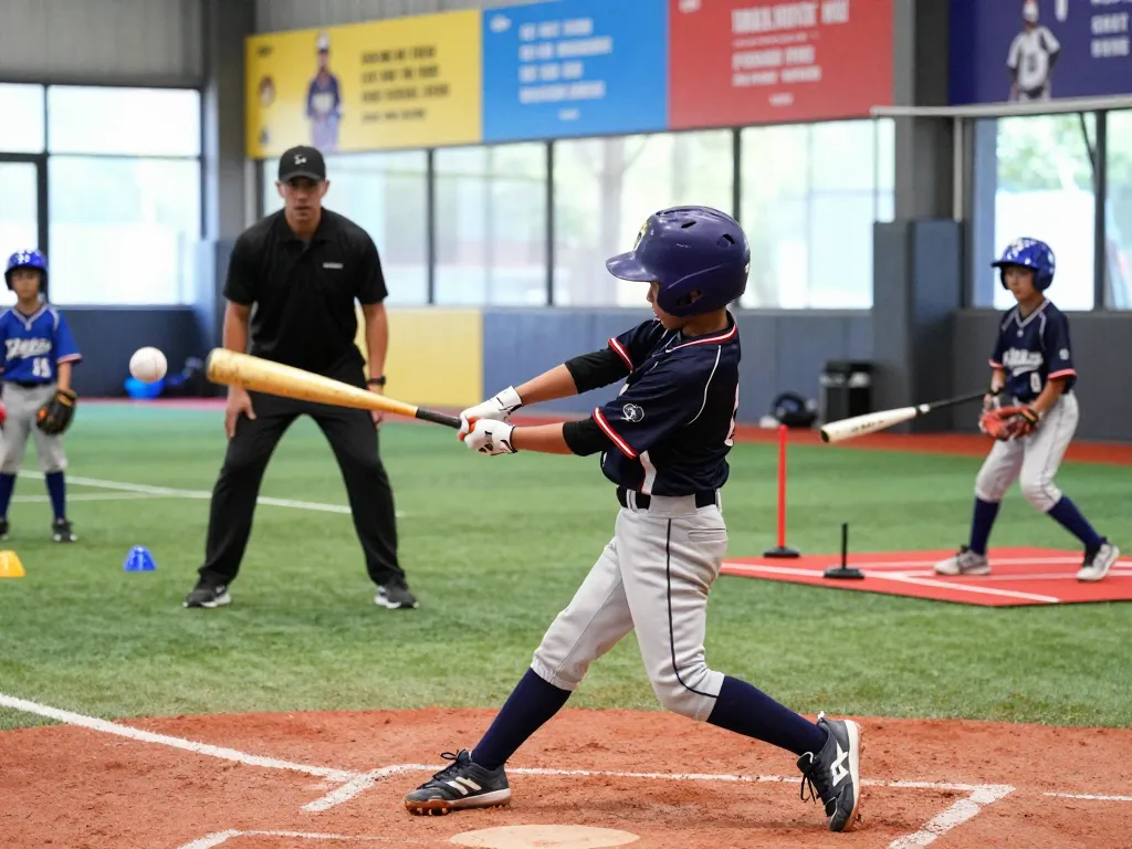 Young athlete at hitclub training, focusing on baseball swings while coach guides, with training equipment in a bright facility.