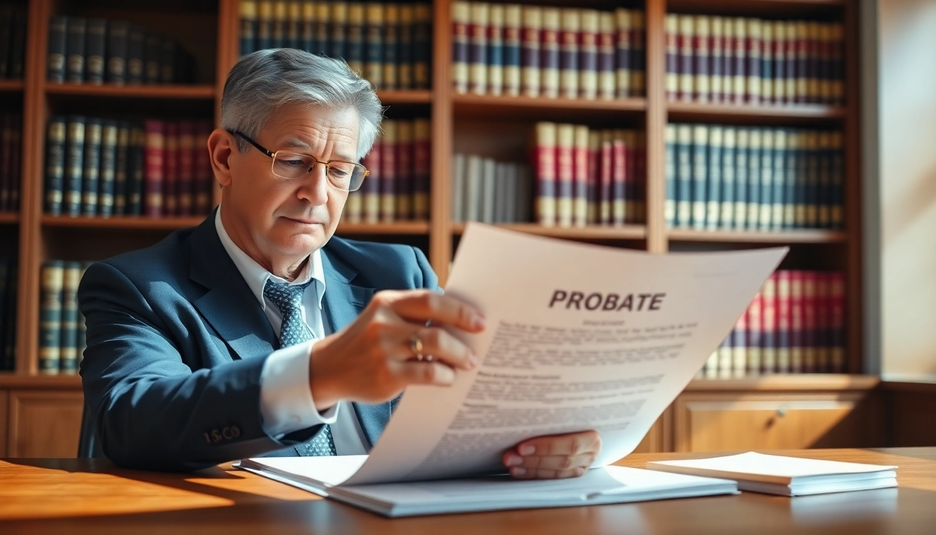 Lawyer reviewing important documents related to Probate in an office setting.