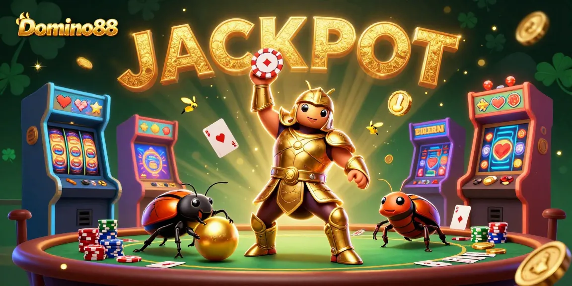 Domino88 offers exhilarating poker gameplay with a victorious beetle character in a dazzling casino setting.