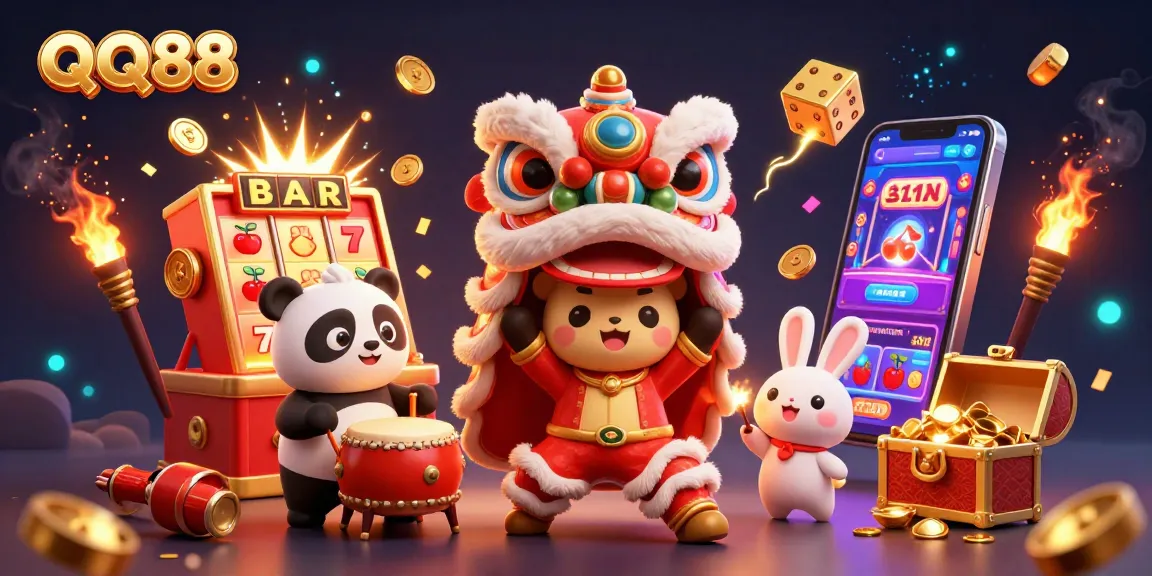 Engage with QQ88's vibrant casino atmosphere through colorful slot machines, festive characters, and dynamic elements.