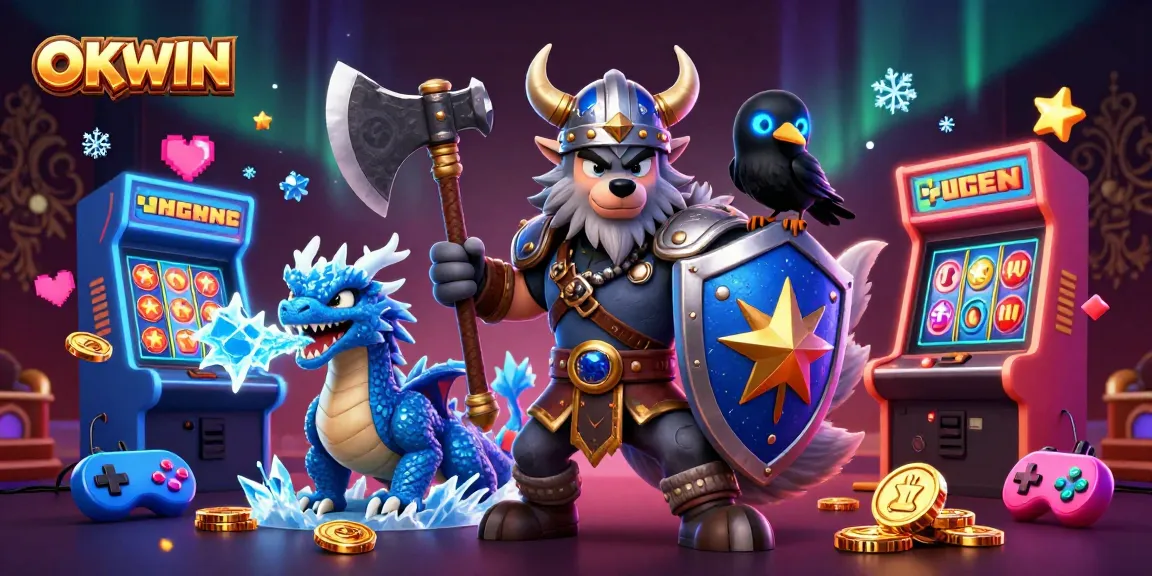 Experience thrilling online gaming with OKWIN, showcasing a Viking warrior and icy dragon amidst vibrant casino elements.