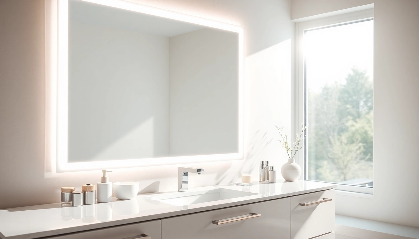 Reflective elegant led mirror brightening a modern bathroom vanity setting.