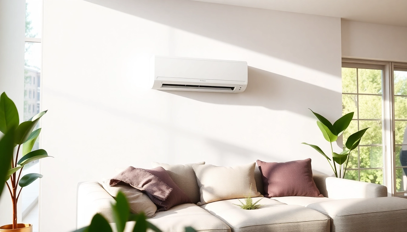 View a Mitsubishi mini split AC elegantly placed in a modern living room setup.