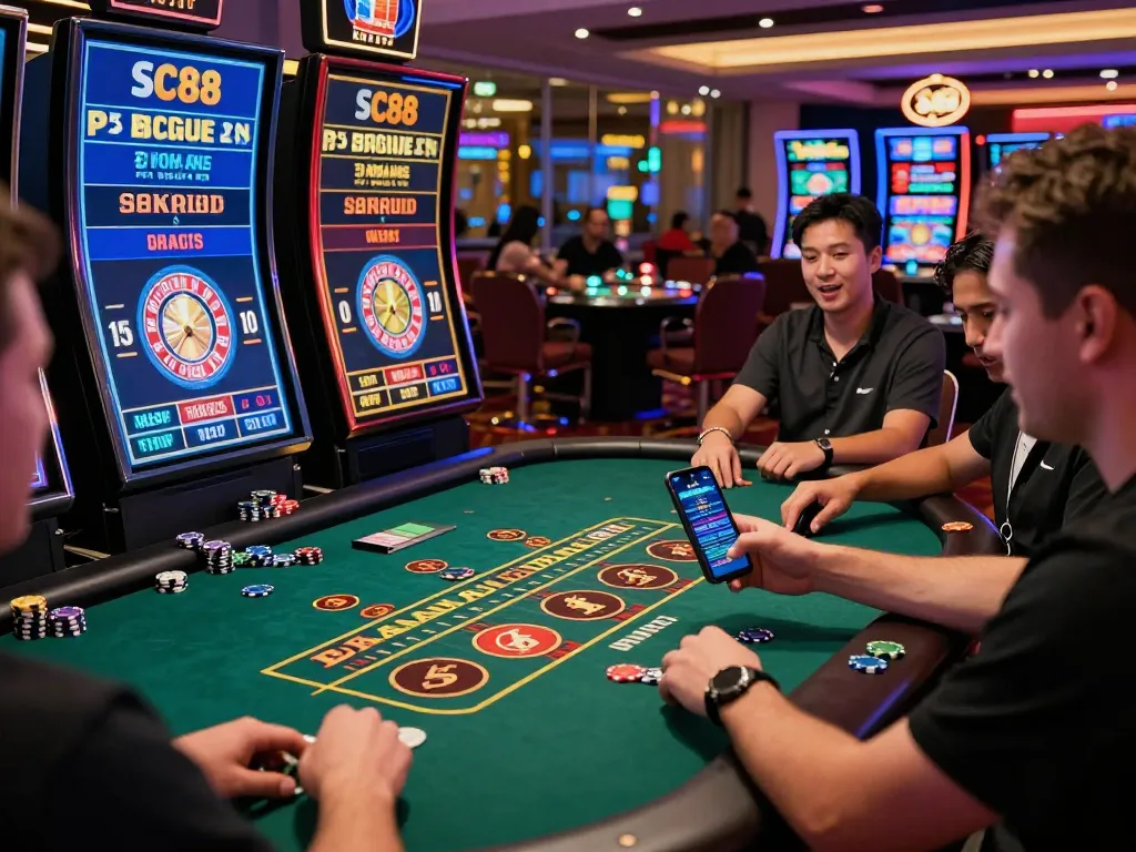 Engaging online casino experience at sc88.com with players enjoying live dealer games in a vibrant setting filled with excitement and energy.