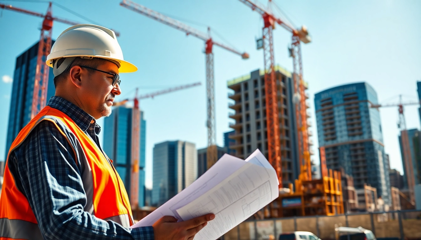 New York Construction Manager overseeing a busy construction site with blueprints.