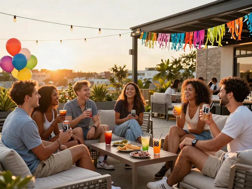 Friends celebrating with rokok 88 soda at a vibrant outdoor gathering.