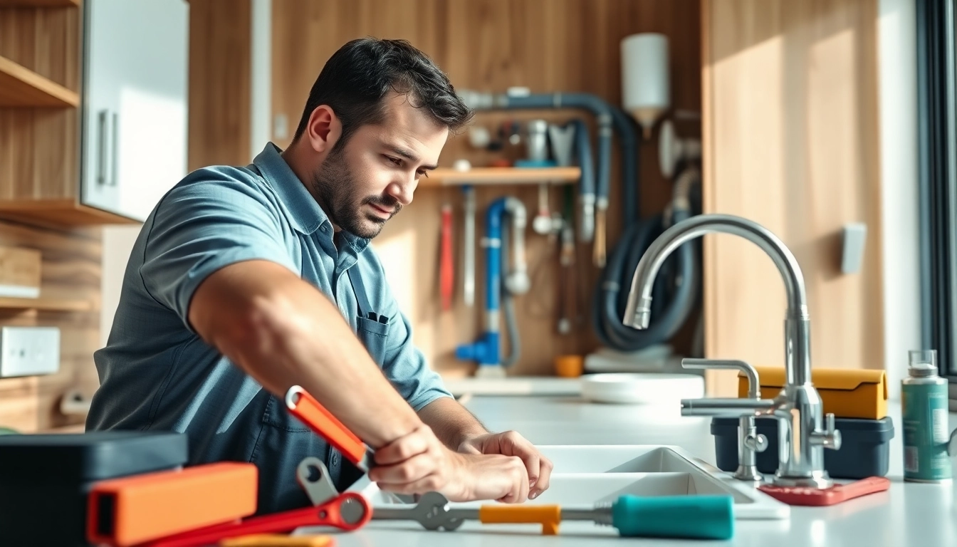 Reliable plumber near me fixing a sink in a modern kitchen setting.