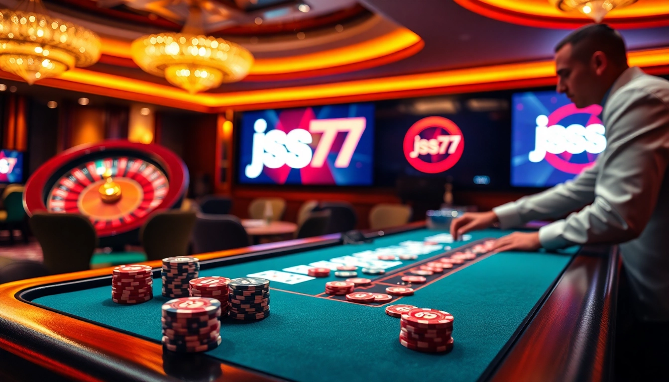 Players enjoying a thrilling casino experience at jss77, with vibrant poker tables and exciting action.