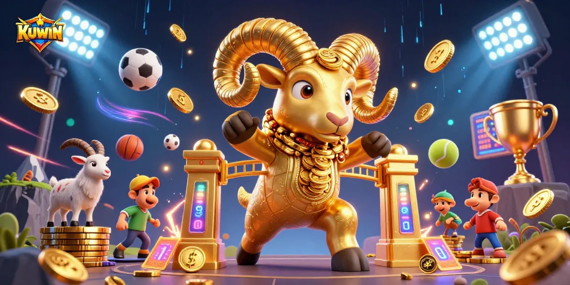 KUWIN showcases a golden ram charging through coins, celebrating dynamic sports betting action.