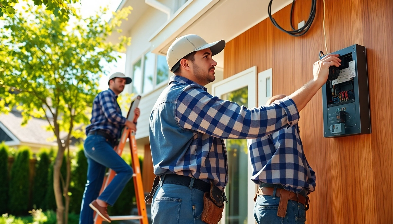 Electricians in Vancouver installing electrical systems in a sunny residential setting.