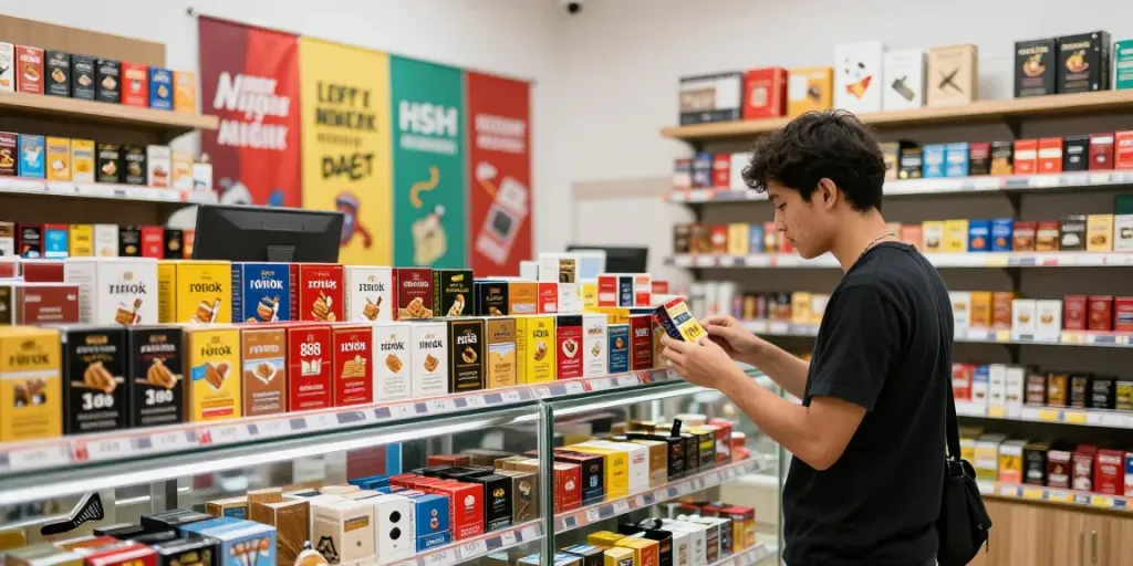 Customer examining rokok 88 tobacco products in a modern convenience store.