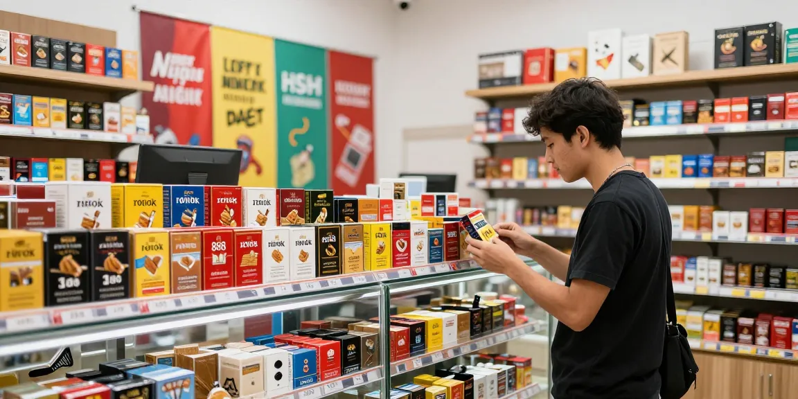 Customer examining rokok 88 tobacco products in a modern convenience store.