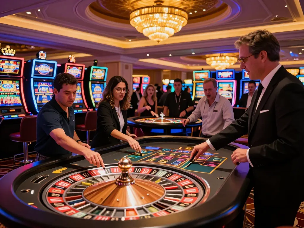 Gambling excitement at gem88's Vegas casino roulette table with players placing bets