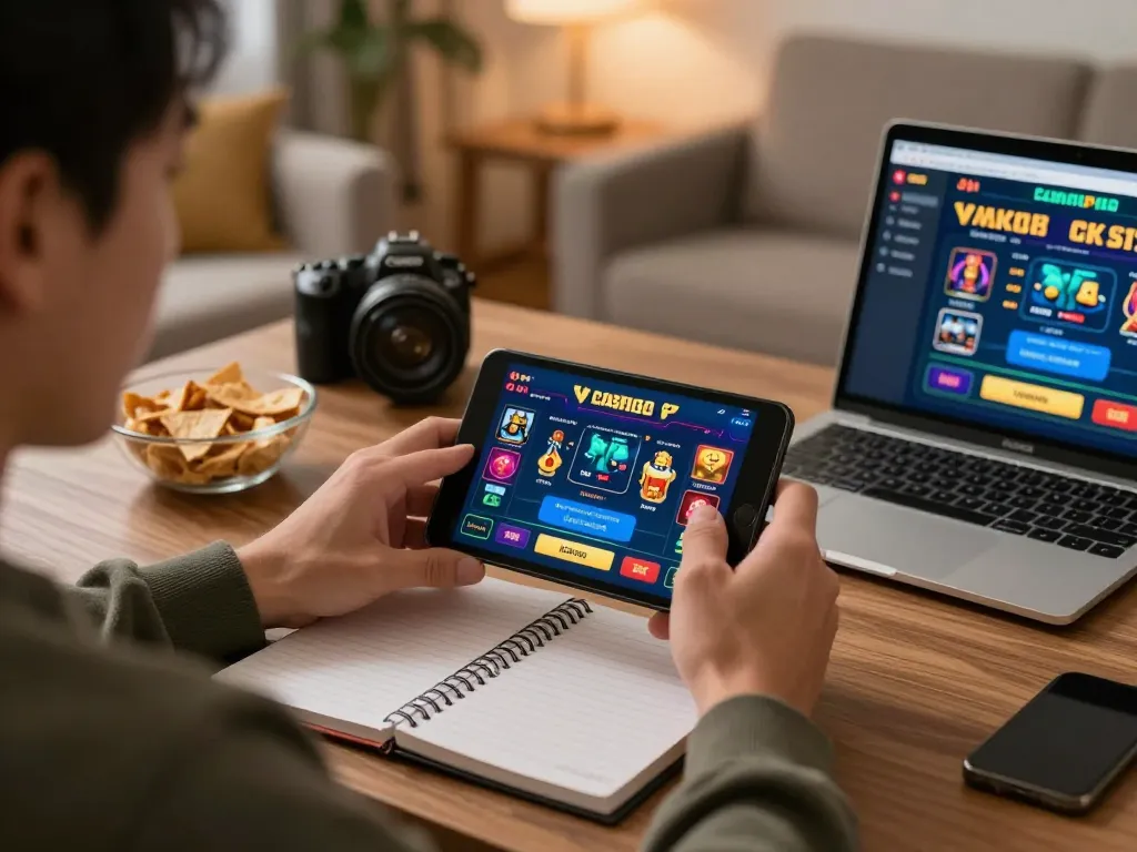Engaged player using Vk88 casino app on mobile device in a cozy home setting.