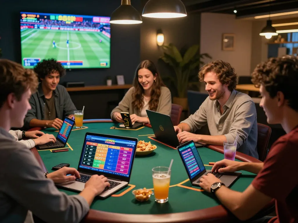 Engaging gambling night with friends using sc88.com on laptops and smartphones, showcasing live betting excitement.