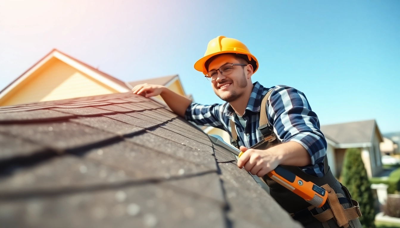 Roofing contractor inspecting a residential roof, showing expertise and professionalism.