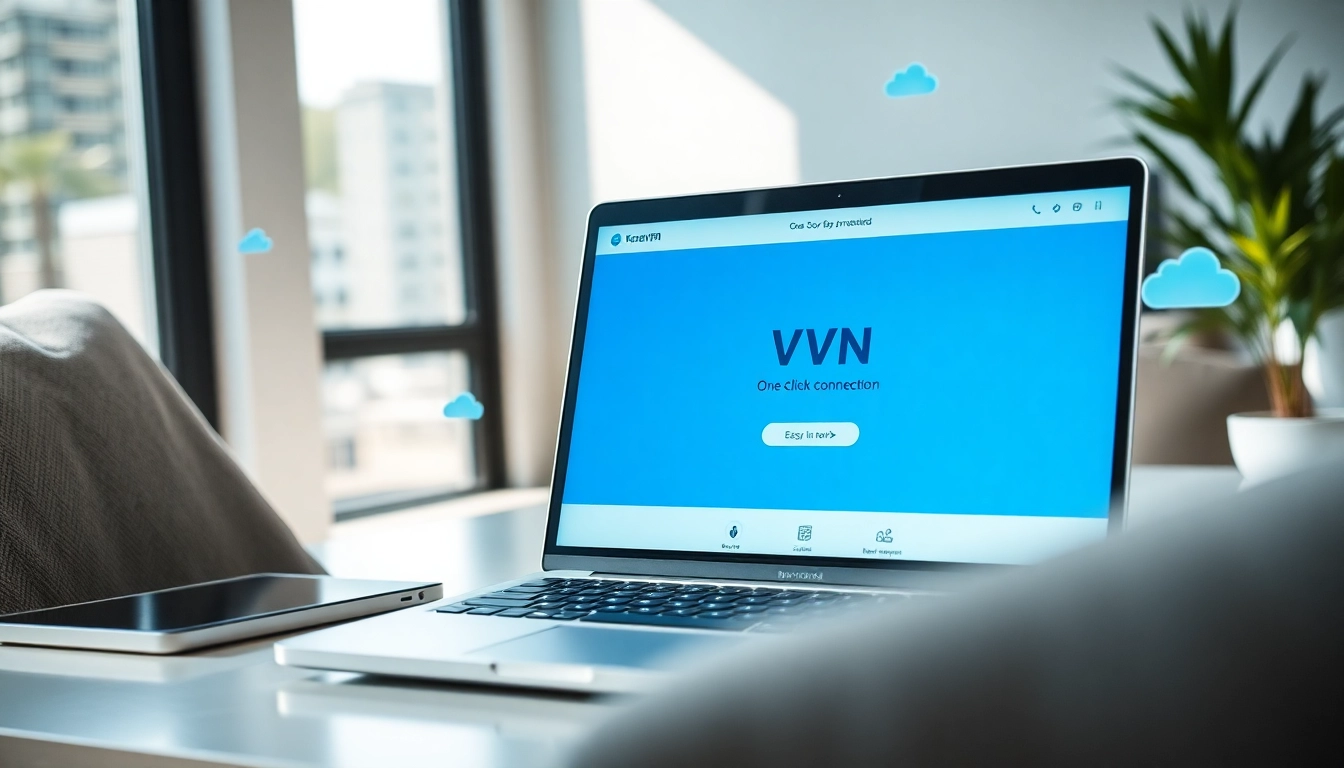 现代工作空间中笔记本电脑上的快连下载 VPN 界面,展示简单连接。
