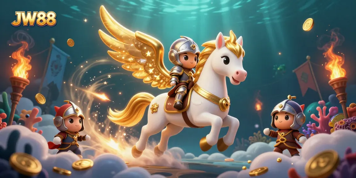 JW88's fishing game experience with a celestial knight and horse in a vibrant underwater world