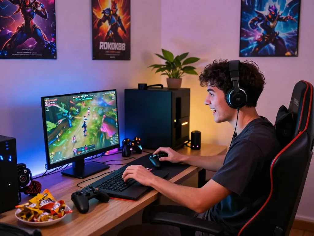 ROKOK88 login in an exciting gaming setup with a player immersed in action.