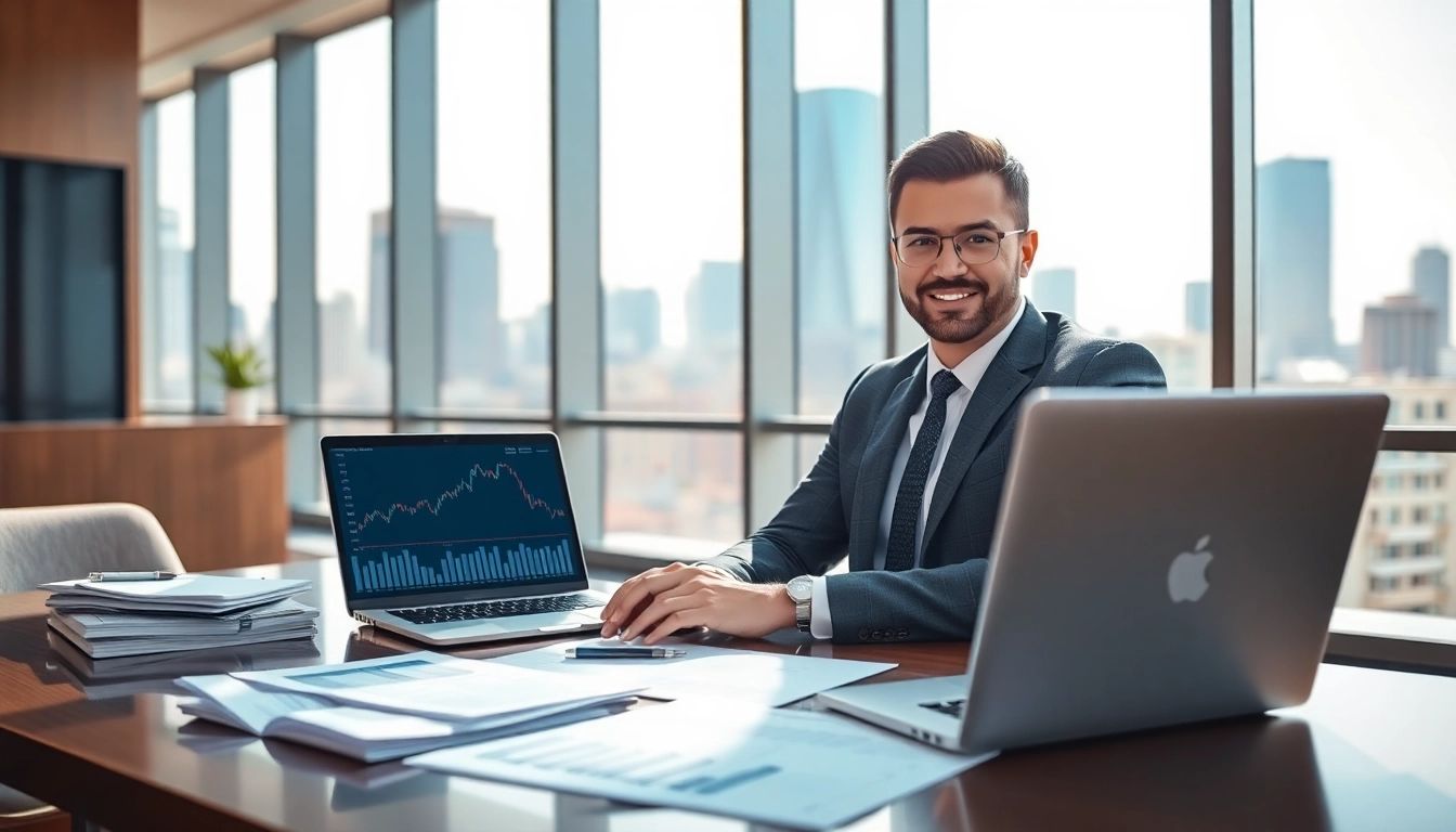 Wealth planner at an office desk showing financial documents and stock graphs, showcasing expertise.