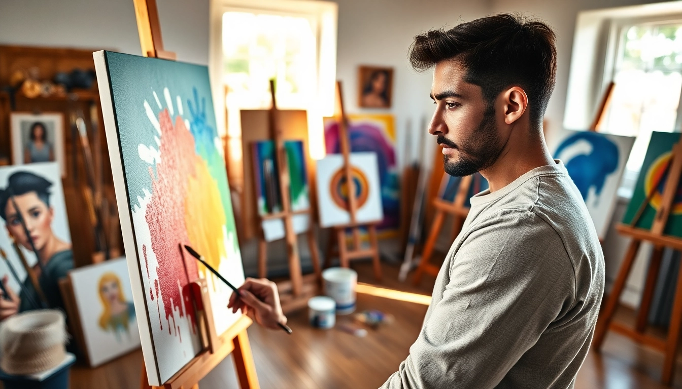Demonstrating painting apprenticeship techniques in a bright, creative studio.