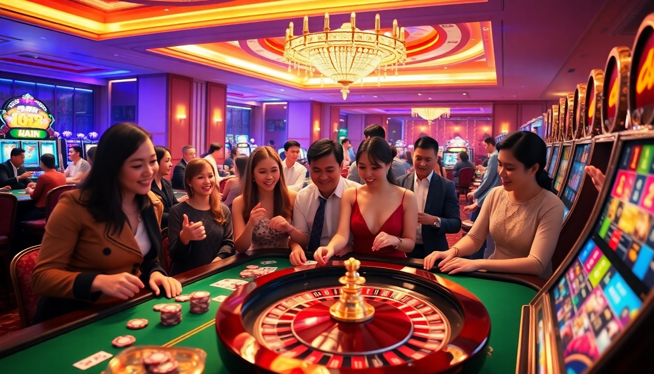Players enjoying a thrilling moment in a luxurious casino at Xin 88, showcasing excitement and vibrant games.