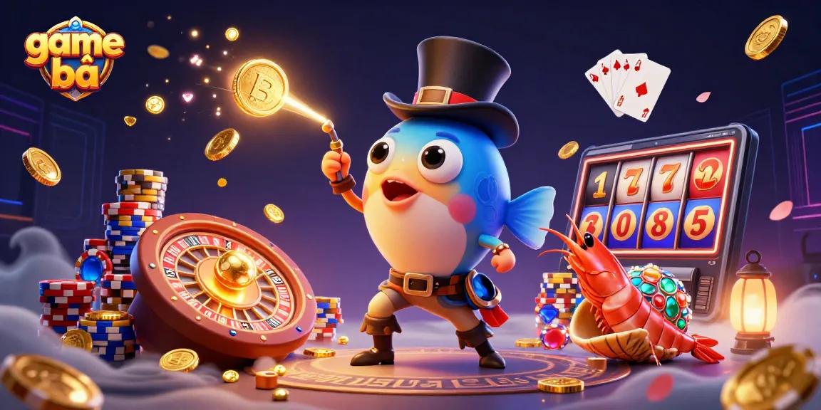 Play game bài with a vibrant casino illustration featuring an anglerfish, shrimp, and sea snail amid shimmering coins.