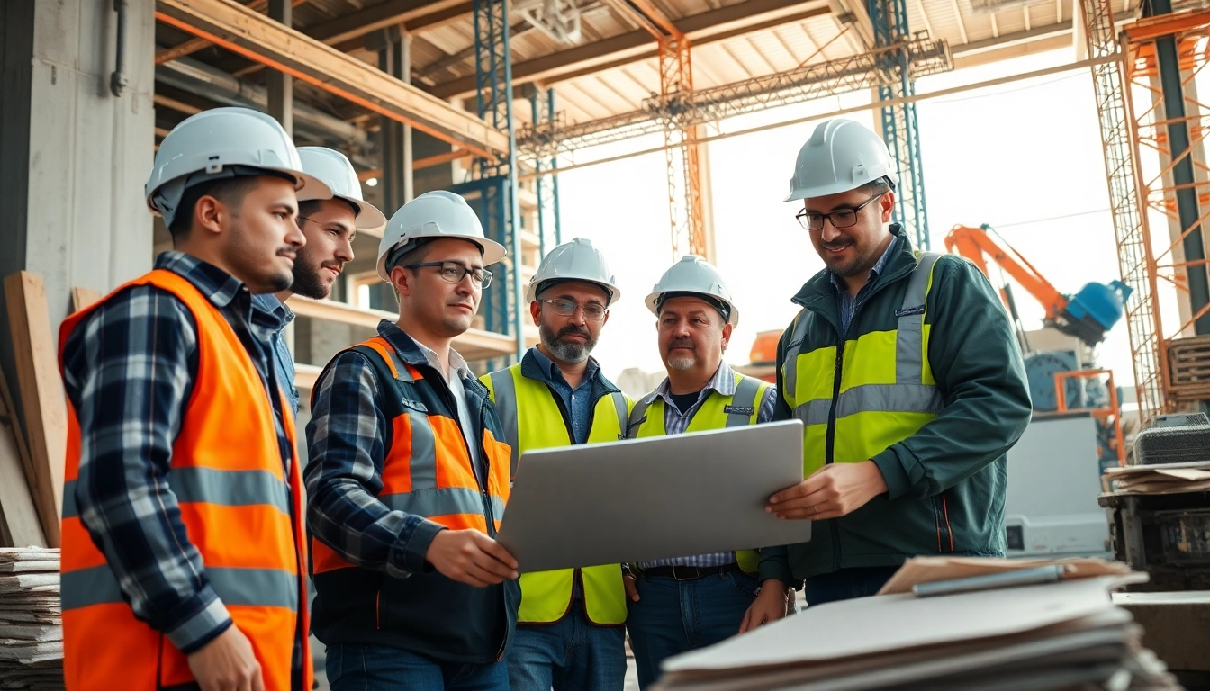 Illustration of professionals engaged in a construction career at an active job site.
