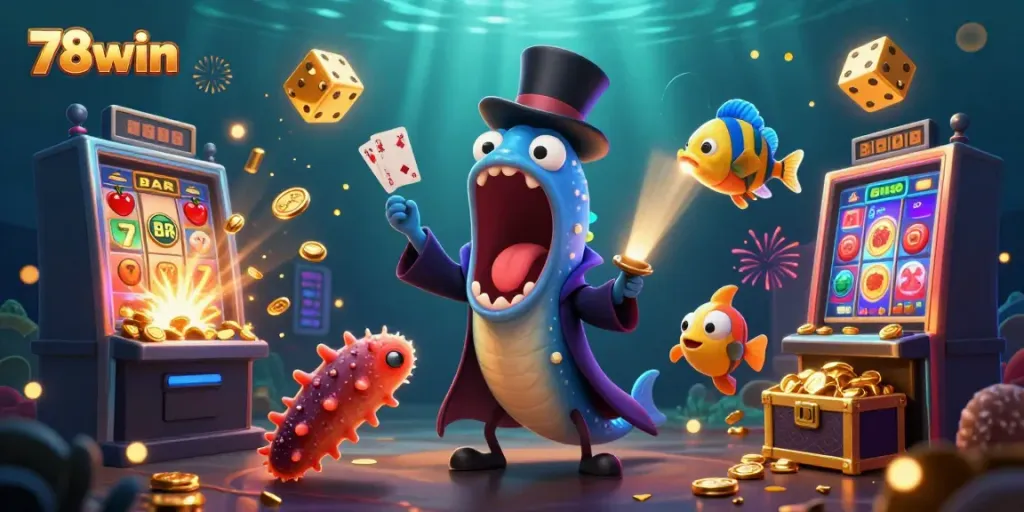 Explore thrilling card tricks by the 78win gulper eel and friends among cascading coins.