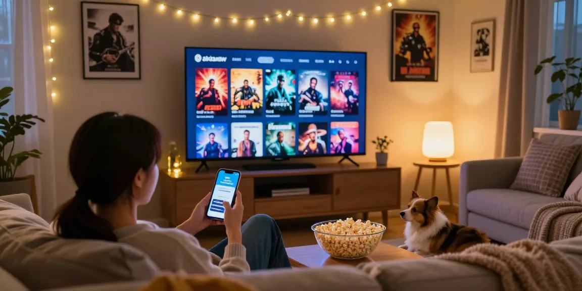 Pikashow app streaming on smart TV, cozy living room setup with popcorn, warm lights, and a relaxing atmosphere.