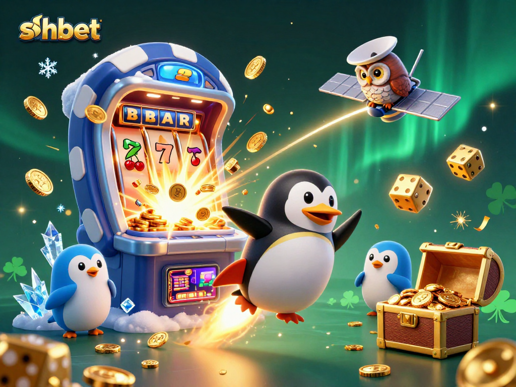 Experience exciting gameplay at shbet with a golden penguin soaring through a stunning casino-themed space