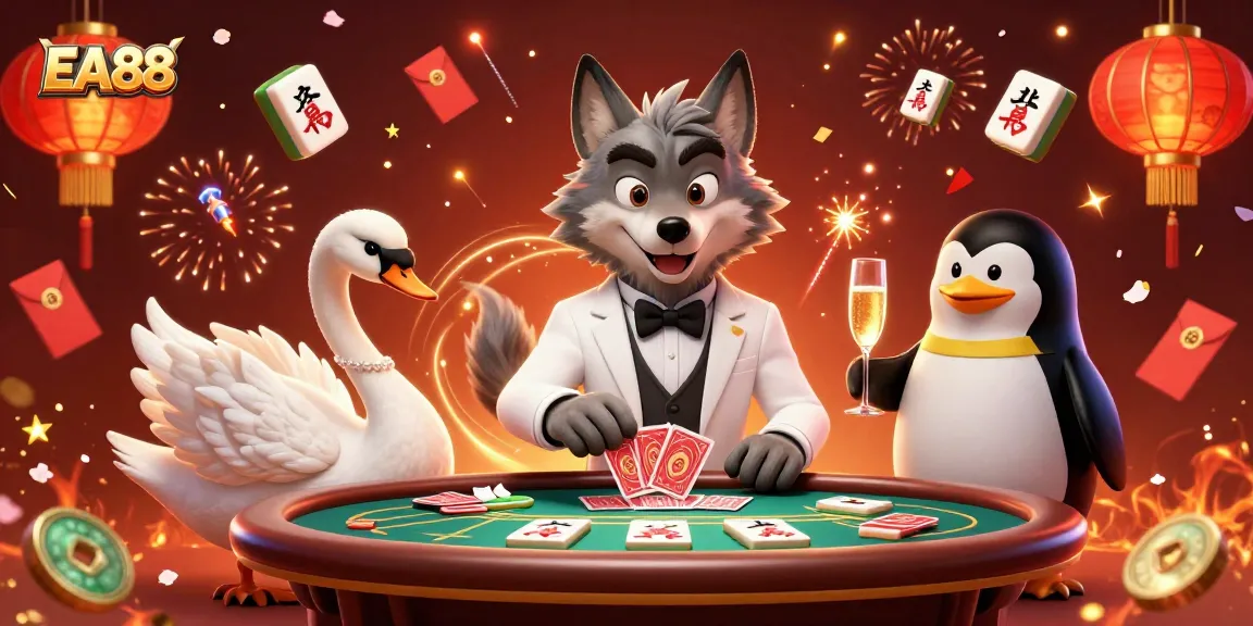 Engage with EA88 through thrilling baccarat scenes with vibrant characters and celebrations.