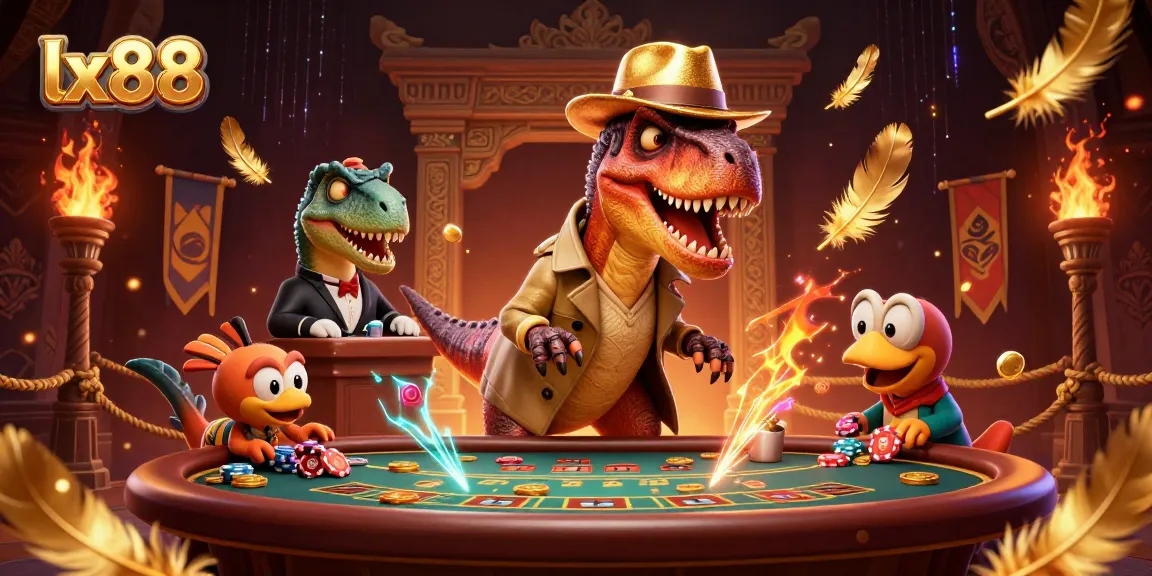 LX88 card counting velociraptor sneaks chips while under stegosaurus pit boss watch, combining action and excitement.