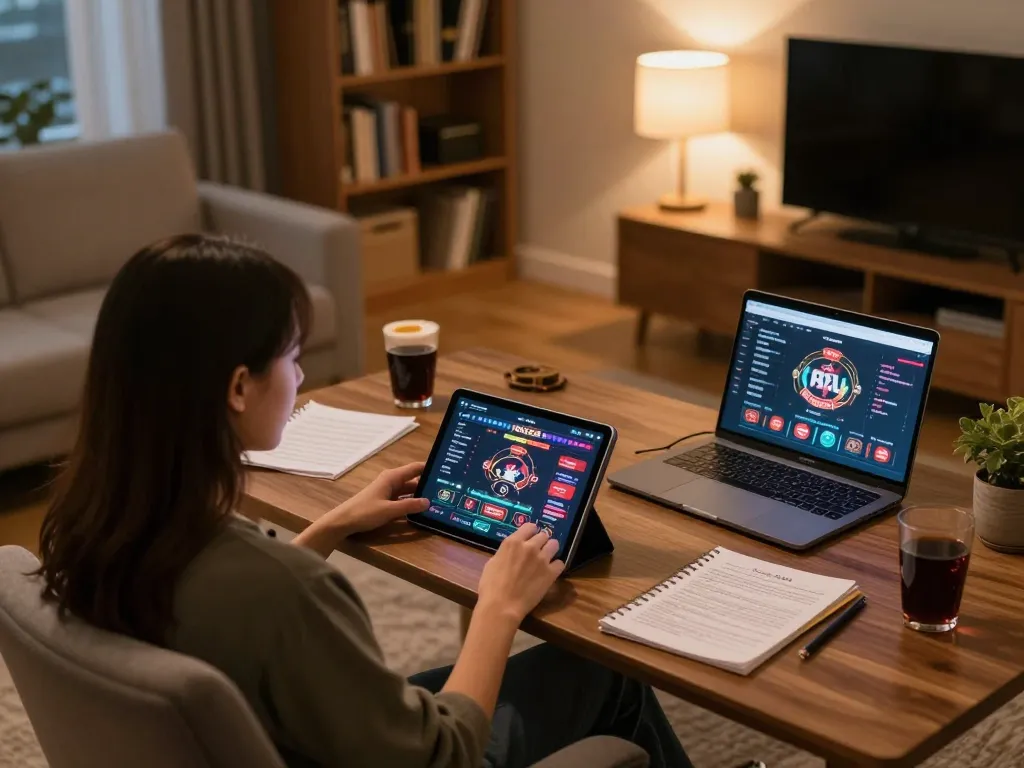 Engaging in online gaming on PH22 with a tablet, showcasing a cozy and strategic home setup