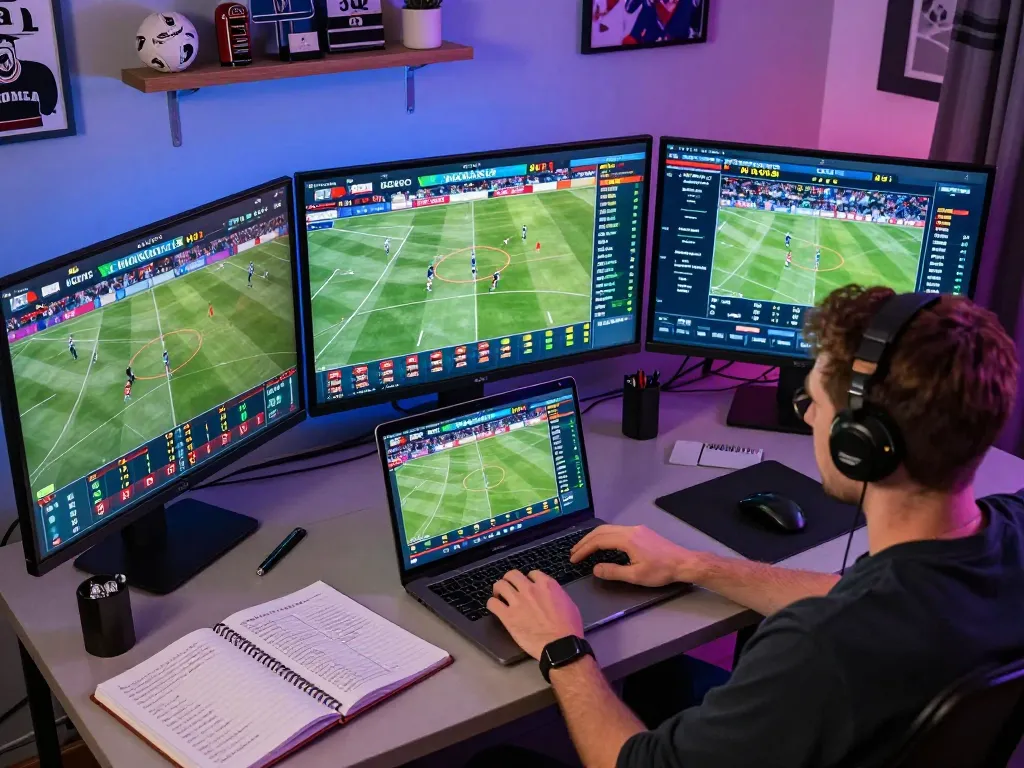 Engaging scene of a sports fan using luongson live to place bets online, showcasing an exciting home setup.