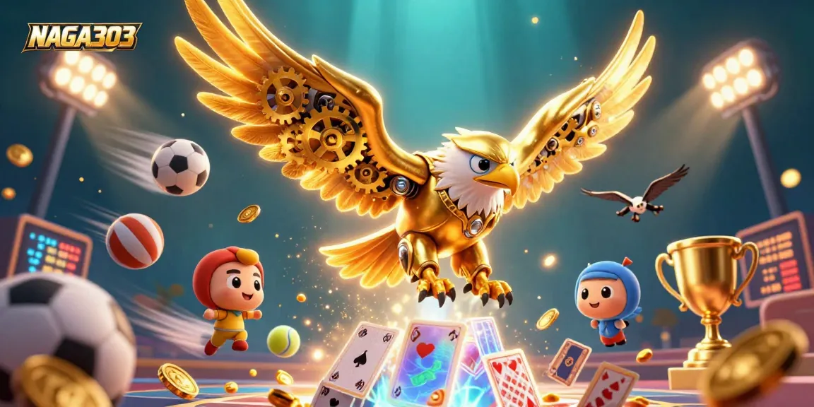 NAGA303 showcases a cybernetic golden eagle amidst dynamic gaming elements, emphasizing exciting online gambling.