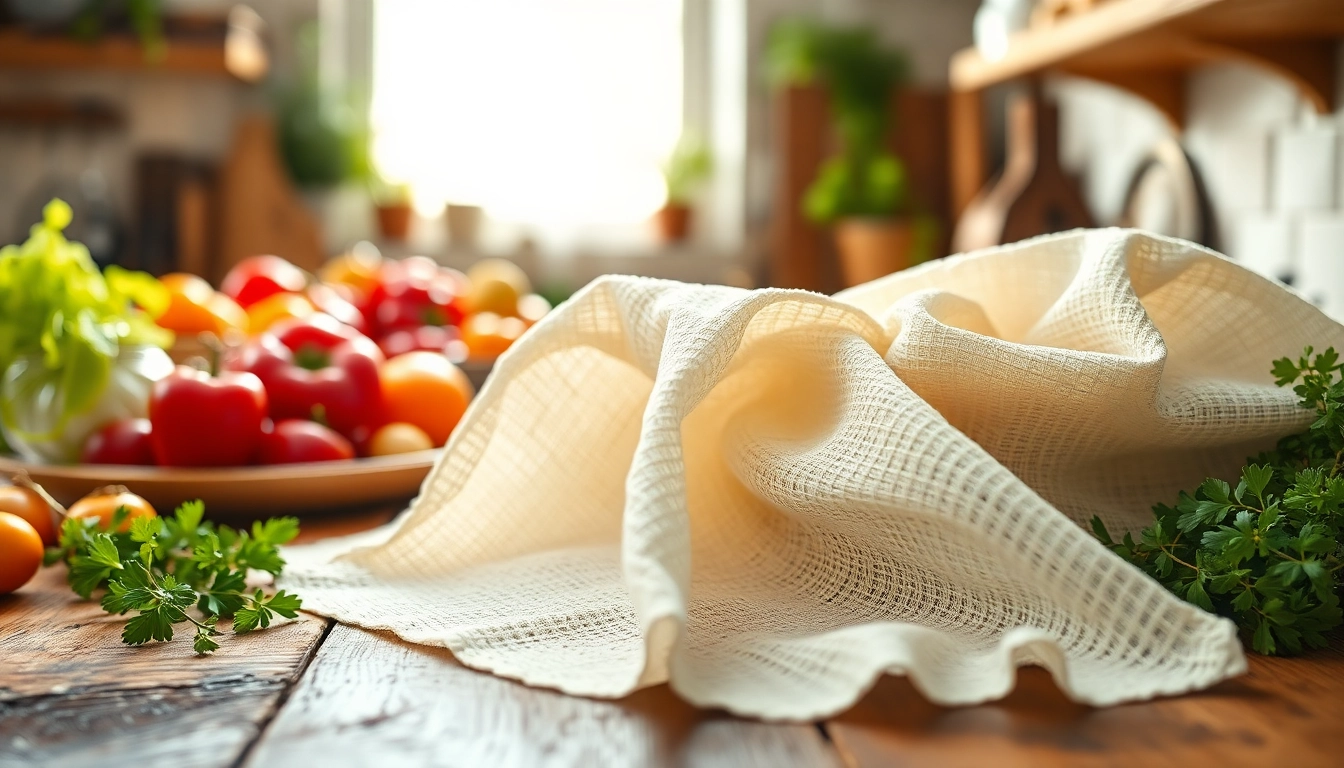 Kaasdoek gelegd op een houten aanrecht met verse ingrediënten eromheen.