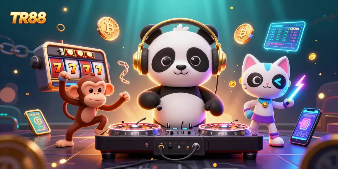 TR88 brings excitement with a DJ panda, breakdancing monkey, and rave kitten surrounded by vibrant slot game elements.