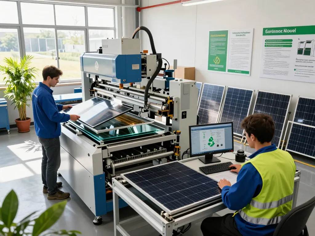 Workers in a solar panel recycling plant efficiently processing materials for recycling van zonnepanelen.