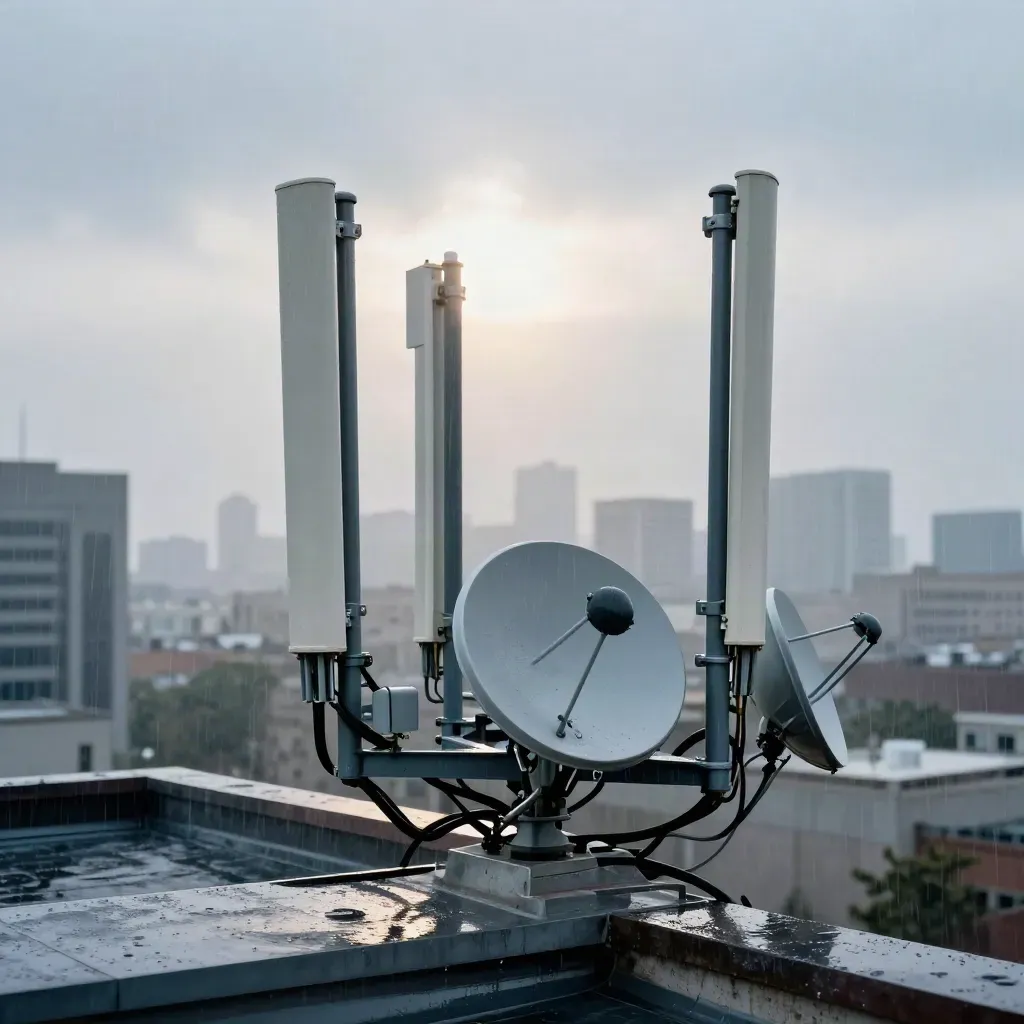 Rainy rooftop antennas and satellite dishes above a civic skyline fading into haze.