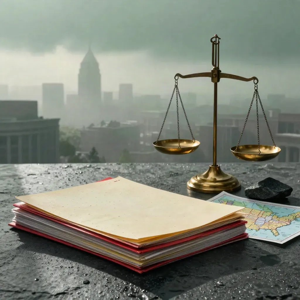 Moody Washington news tableau with folders, scale, map, courthouse stone, and misty dawn light.