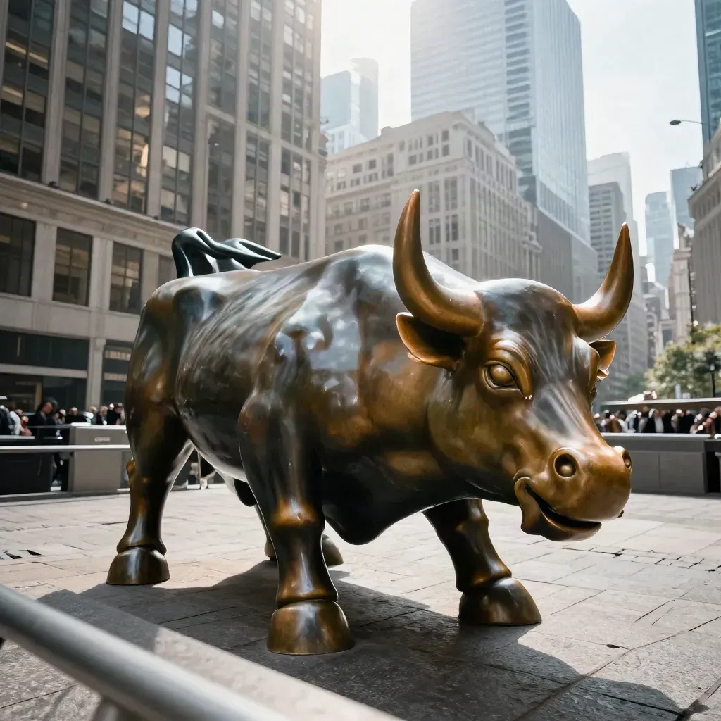 Bronze Charging Bull on a sunlit Lower Manhattan plaza with glass towers and slate-gray barriers.